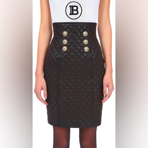 Balmain Black with Tag High-waisted Quilted Leather Skirt - Picture 4 of 16